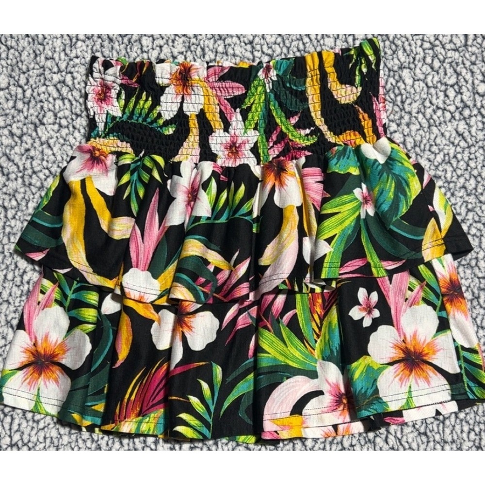 Jolie & Joy Girls Large Smocked Tropical Floral Tiered Ruffle Skirt‎ Black Multi